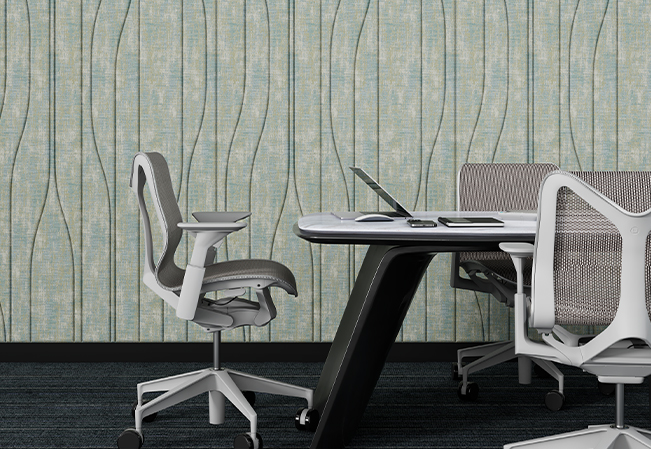 Acoustic wall panels with a wave pattern in an office meeting room, by UniVicoustic