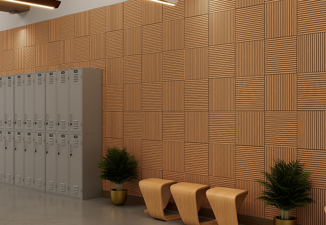 Wood acoustic tiles on a wall in a locker area, by UniVicoustic